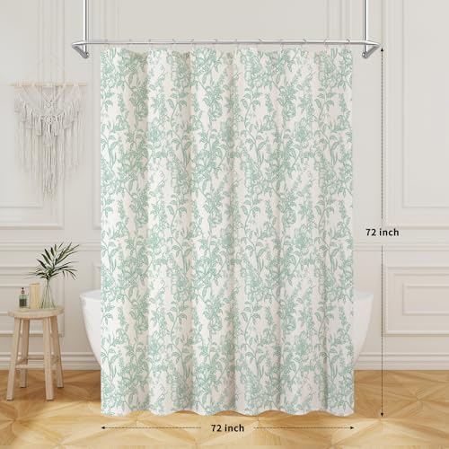 Teal Boho Linen Fabric Shower Curtain , Farmhouse Floral For Bathroom