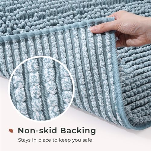 FRESHMINT Chenille Bathroom Rugs Mat 32"x20", Non-Slip Bath Mat for Bathroom Floor & Bathtub, Washable Shower Shag Bath Rugs, Soft Fluffy Thick Water Absorbent Microfiber Shower Mat, Aqua & White