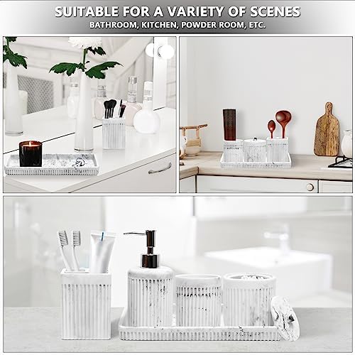 XLHOMO Resin White Marble Bathroom Accessories Set 5 Pcs, Lotion Soap Dispenser, Toothbrush Holder, Bathroom Tumbler, Qtip Holder and Vanity Tray, Bathroom Countertop Organizer Set for Home Apartment