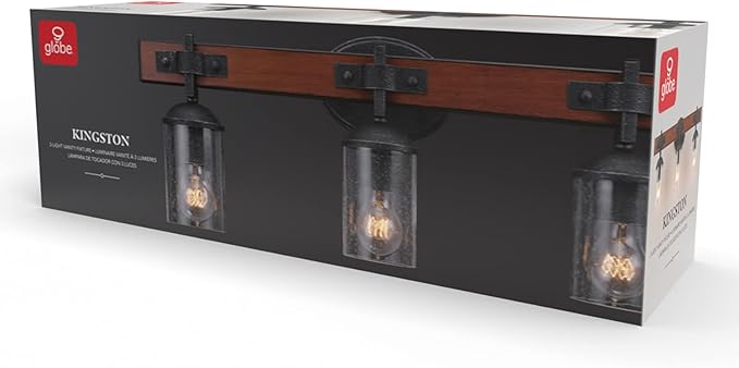 GLOBE Electric 51854 Kingston 3-Light Vanity Light, Dark Faux Wood, Galvanized Metal Accents, Clear Seeded Glass Shade, Bulb Not Included