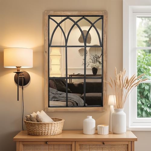 Rustic Window Mirror for Wall Decor, Wooden Frame Decorative Wall Mirror