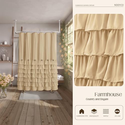 Ruffle Farmhouse Shower Curtain, Beige Vintage Shower Curtains for Bathroom Fabric Cute Rustic Cloth, 72" W X 78" L Inch