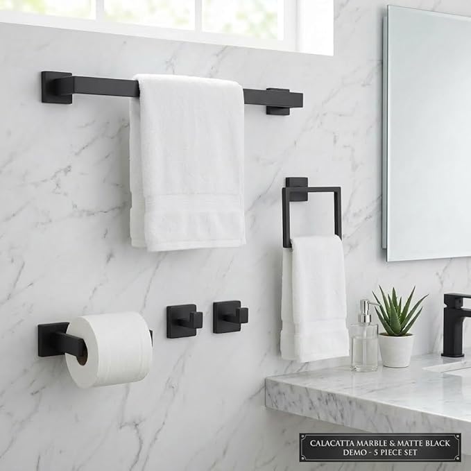 Matte Black Bathroom Hardware Set, 5-Piece Premium SUS304 Stainless Steel Bath Accessories, 23.6 Inch Black Towel Bar Rack, Heavy Duty Square Fixtures for Modern Home