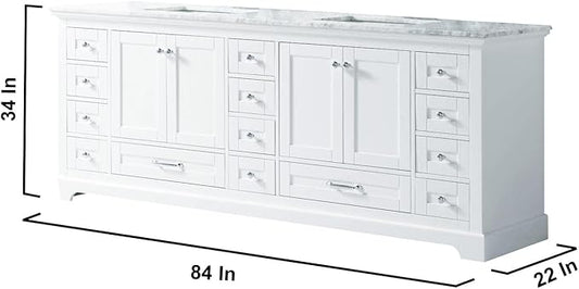 Dukes 84 in. W x 22 in. D White Double Bath Vanity, Carrara Marble Top, and 34 in. Mirrors LD342284DADSM34