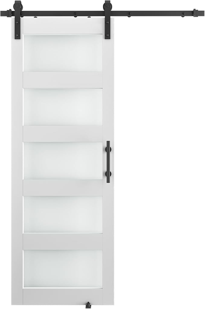 30'' x 84'' Glass Barn Door and 5Ft Hardware Kit Included, White | MDF White Barn Door Slab with Frosted Glass, PVC Surface, Combined with Handle and Floor Guide-Assembly Required