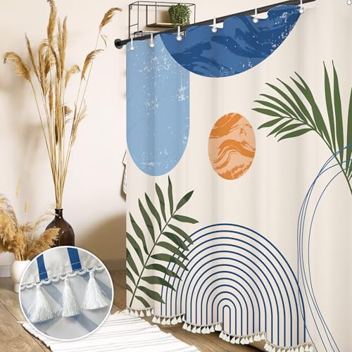 Boho Mid Century Leaf Shower Curtain Set,Arch Sun Design,Minimalistic Leaves Pattern,Waterproof and Luxurious Fabric-12 Hooks(Light Blue-72" x 72")