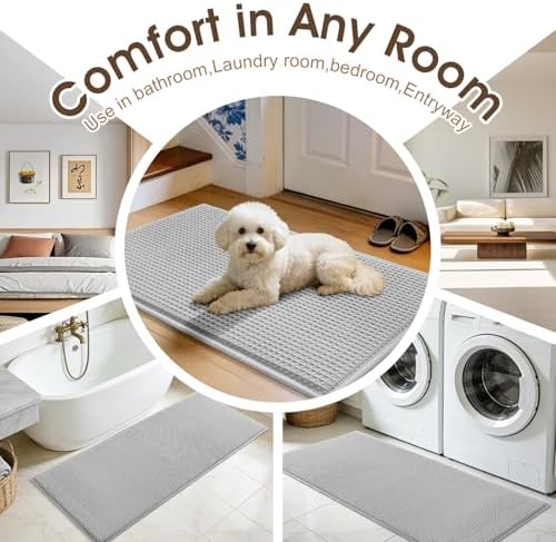 Memory Foam Bath Mat, Ultra Soft Absorbent Waffle Bathroom Rugs, Super Non-Slip PVC Backing Bath Rug Quick Dry, Machine Washable Rug for Tub, Shower, Home Decor Accessory, 32" x 20", Light Gray