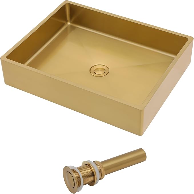 Dcolora 19 In. Gold Drop In Bathroom Vessel Sink, 16 Gauge Stainless Steel, Rectangle Design with Drain Assembly, 15"D x 19"W x 4"H #DC-VS261204