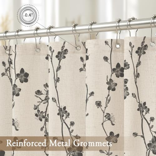 Dark Grey Farmhouse Linen Shower Curtain, Boho Floral Fabric, 72 x 84