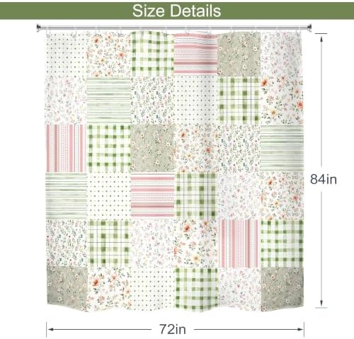 MESHELLY Extra Long Boho Floral Patchwork Shower Curtain 72Wx84H Vintage Checkered Sage Green Plaid Pink Striped Rustic Bathroom Curtain Farmhouse Bath Curtain Bathroom Accessories Decor with 12 Hooks
