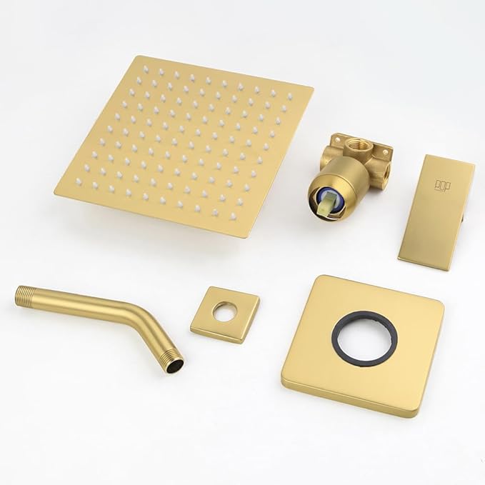 Shower Faucet Set Brushed Gold Bathroom Rainfall 8 Inch Shower Head System, Single Handle Shower Trim Kit with Rough-in Valve