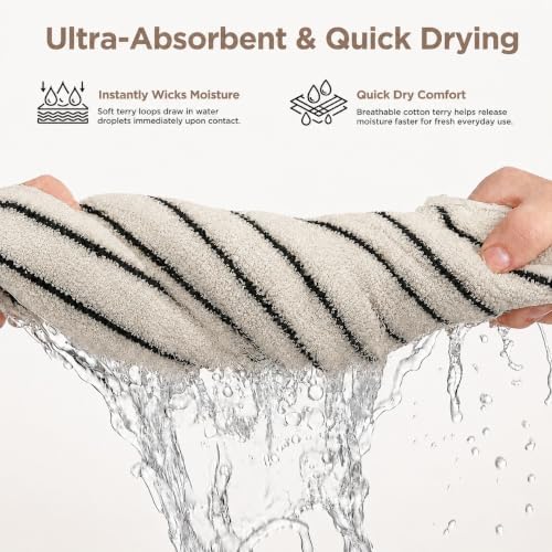 8 Pack Black and Ivory Bath Towel Set, Cotton Striped Bath Towels