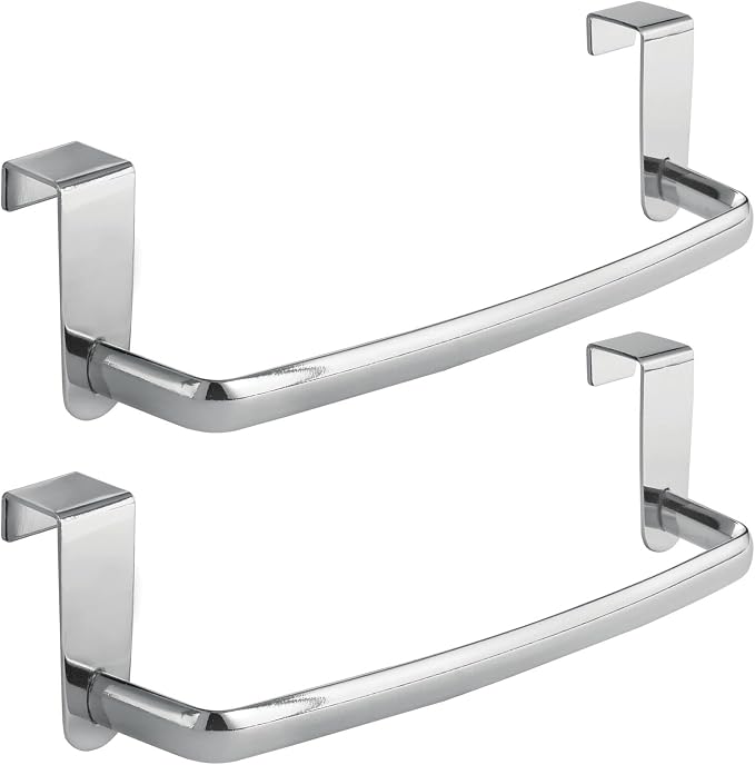 mDesign Steel Metal Wire Over Cabinet Towel Rack Storage Organizer - Hang on Cabinet or Door - Towel Bar Holder for Kitchen - Holds Hand Towels, Washcloths - Spira Collection, 2 Pack, Chrome