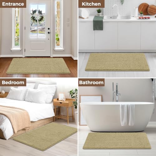Bcoimo Bath Rug Mat,Beige Chenille High Absorbent Long Bathroom Runner Rugs