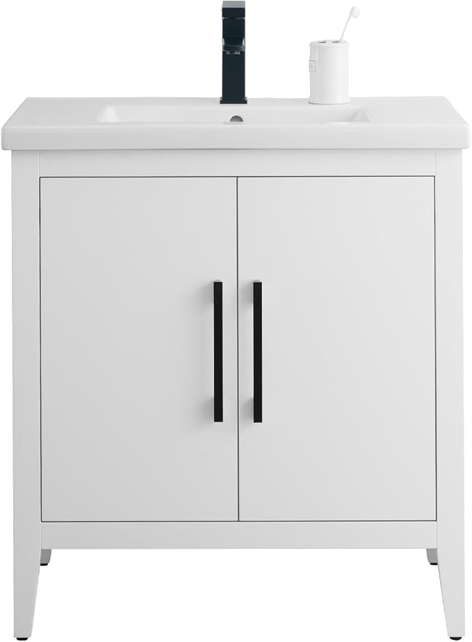 30 Inch Bathroom Vanity with Sink & Ceramic Top, Single Vanity Cabinet with Basin, Soft-Closing Doors & Matte Black Hardware, White