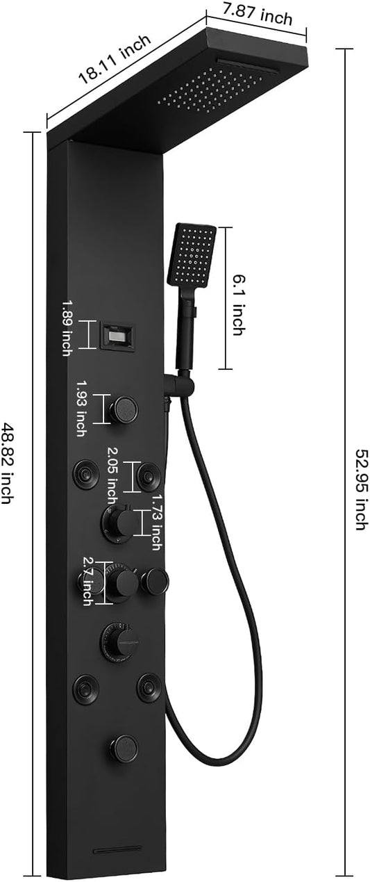 Shower Panel, Rainfall Handheld & 5 Body Jets, Black | Stainless Steel, Multi-Function Shower Tower System, Handheld Shower Wand Tub Spout and Rainfall Head, Temperature Display