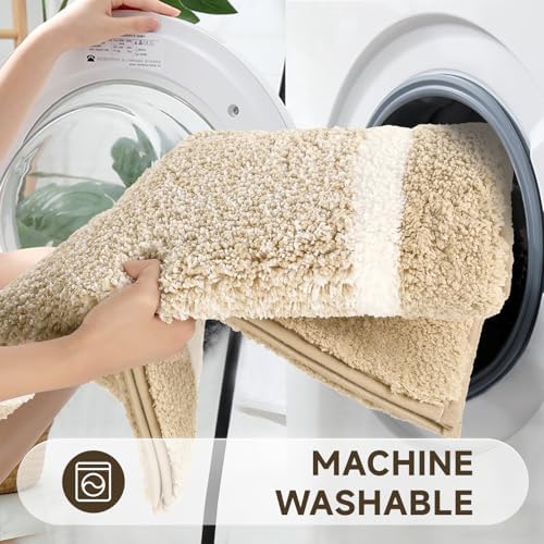 Pauwer Bathroom Rugs 3 Piece Set, Non Slip Washable Bath Mat, Beige