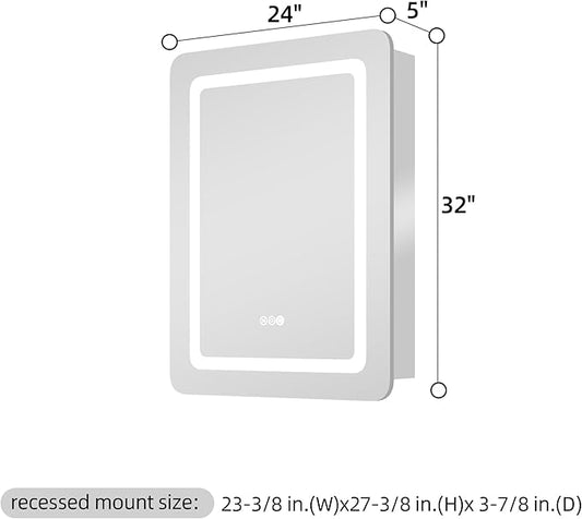 24"x32" LED Bathroom Mirror Cabinet with Lights, Wall Mounted or Recessed Medicine Cabinet, Dimmable Front & Anti-Fog, Adjustable Shelves, Modern Aluminum Storage Cabinet (24X32 in|1 Door)