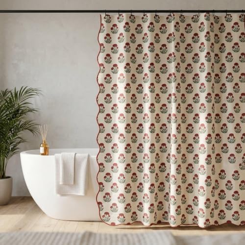 Boomkin Block Print Scalloped Shower Curtain Set with 12 Hooks