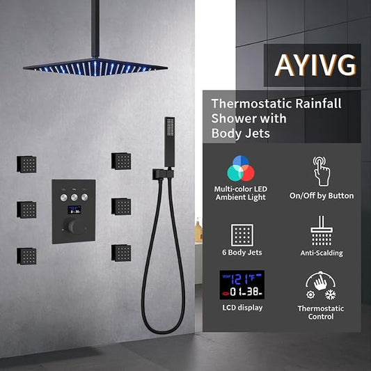 AYIVG Thermostatic Shower System with 6PCS Body Jets Matte Black Temperature Displa Shower Faucet Set Ceiling Shower System with Push Button Diverter LED 12 Inch Rain Shower Head with Handheld Spray
