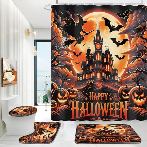 Yddsky Halloween 4Pcs Castle Shower Curtain Sets for Bathroom,72x72 Inch