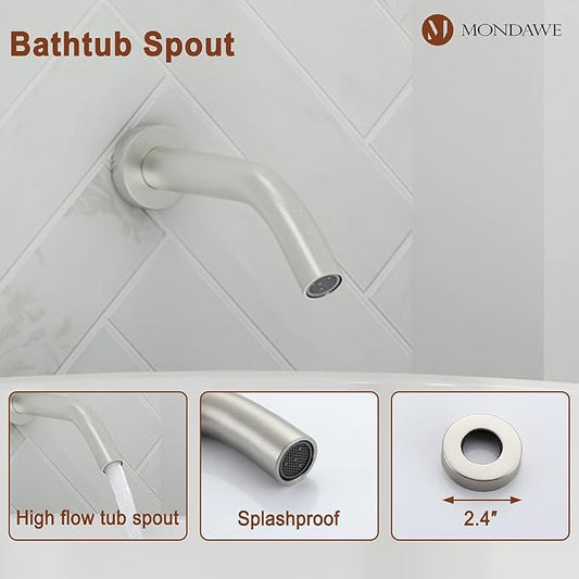 MONDAWE 9 Inch Wall Mounted Shower Faucet Set with Tub Spout in Brushed Nickel, Rainfall Shower Head with 3-Setting Handheld Spray Shower Combo, High Pressure Shower System with Solid Brass Valve