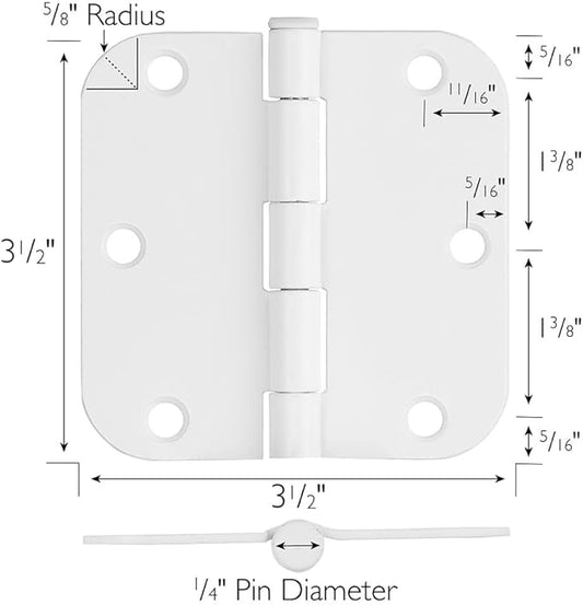 Door Hinges for Interior Doors 12-Pack 3.5-inch x 3.5-inch – Rounded 5/8-inch Radius Steel Door Hinge – Painted White – Fits Standard Doors – Design House 189787