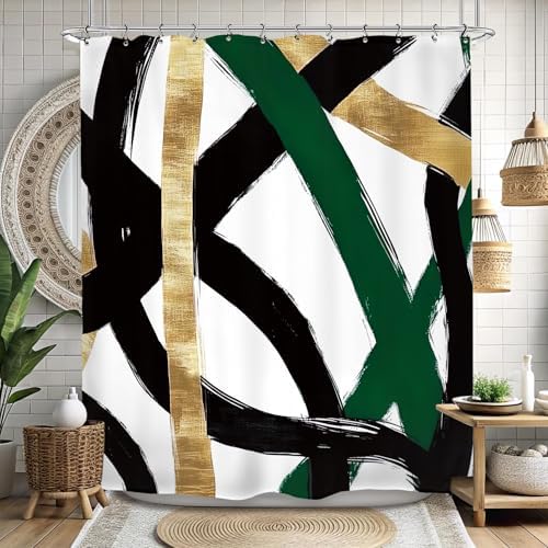 Abstract Emerald Green Black Gold Shower Curtain 72Wx84L Inch Modern Minimalist Contemporary Geometric Extra Long Bathroom Set Accessories Decor with 12 Pack Hooks