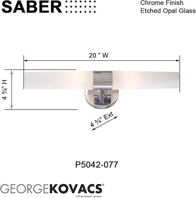 GEORGE KOVACS P5042-077 Saber Vanity Bath Light, 2-Light, 120 Total Watts, 4.75-in H x 20-in W, Chrome