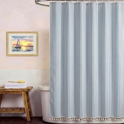 HunnmingRe Dusty Blue Farmhouse Striped Shower Curtain Tasseled 72x72 Inch