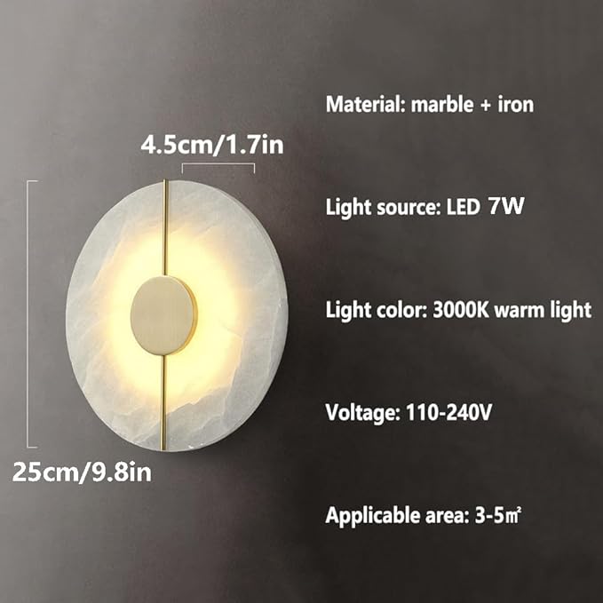 Modern Round Alabaster Natural Marble Wall Light,3000K Warm Light 7W Energy Saving Wall Sconce,Metal Base Wall Mounted Lamp, for Living Room Bedroom Bedside Stairs Hallway (Gold)
