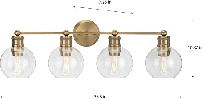 Hansford Collection 4-Light Clear Glass Farmhouse Bath Vanity Light Vintage Brass