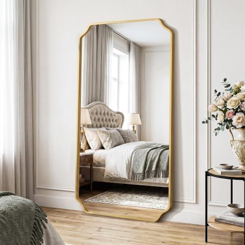 Delma Bathroom Vanity Mirror, Gold Framed Aluminum Bathroom Mirror for Over Sink, Scalloped Round Corner Wall Mirror, High-Definition Vanity Mirror, Hangs Horizontally or Vertically (30x55,Gold)