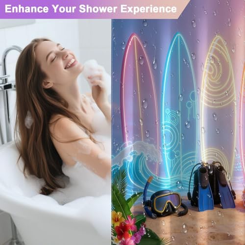 Waterproof Tropical Beach Shower Curtain with 12 Hooks, Colorful Neon Surfboard Design Fabric Shower Curtains with Weighted Bottom, Machine Washable Summer Shower Curtain for Bathroom , 72"W x 72"L