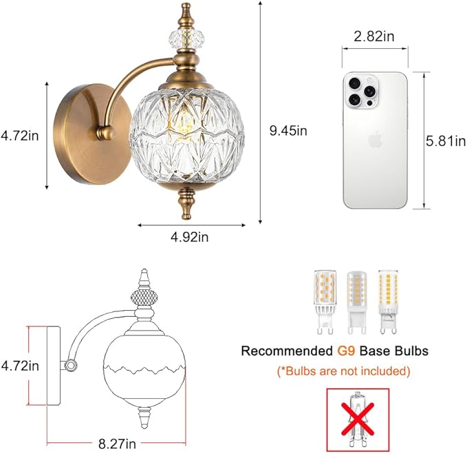 Brushed Gold Bathroom Wall Sconce Vintage Style - G9 Bulb Compatible, Small Hardwired Bathroom Vanity Lighting with Hand-Etched Glass Shades, Easy Mounted for Bedroom Living Room Hallway