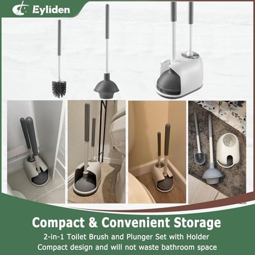 Eyliden Toilet Plunger and Brush Set, 2-in-1 Compact Holder, White