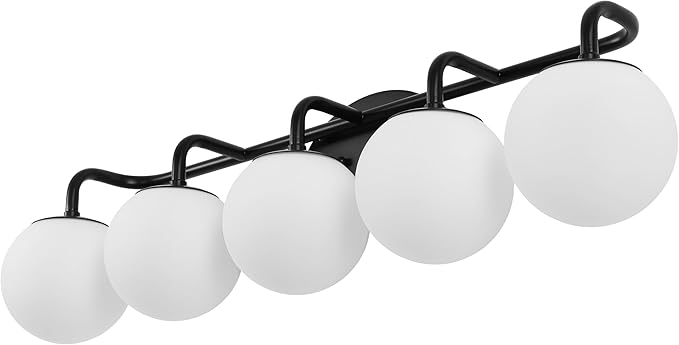 JONATHAN Y Louis Parisian Globe 33" Vanity 5-Light, Black | White Frosted Glass Shade, Midcentury Parisian Bistro Style, Metal Wall Lamp, Dimmable, Hardwired, LED Bulbs Included
