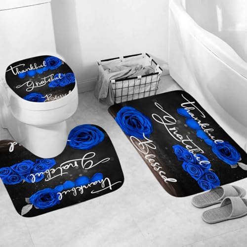 Onalasyc 4Pcs Blue Rose Floral Shower Curtain with Rugs Set