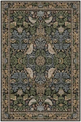 Vintage 8x12 Area Rug for Living Room - Green Botanical & Bird Patterned Rugs for Dining Room Rugs, Bedroom Under Bed, Traditional Cottage Brown and Green Décor, Washable Non Slip Foldable Carpet