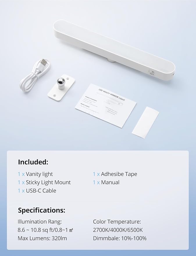 Rechargeable Makeup Light Bar LED Stick on Vanity Lighting for Mirror, 11Inch Super Bright 14 Days Long Last Battery Operated Wireless Attachable Wall Lamp for Bathroom Dresser Counter