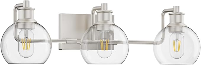 Tipace Bathroom Light Fixtures Brushed Nickel Vanity Light 3 Light Wall Sconces Lighting with Clear Globe Glass Shades Bath Wall Lamp for Mirror Kitchen Living Room Bedroom Hallway(Exclude Bulb)
