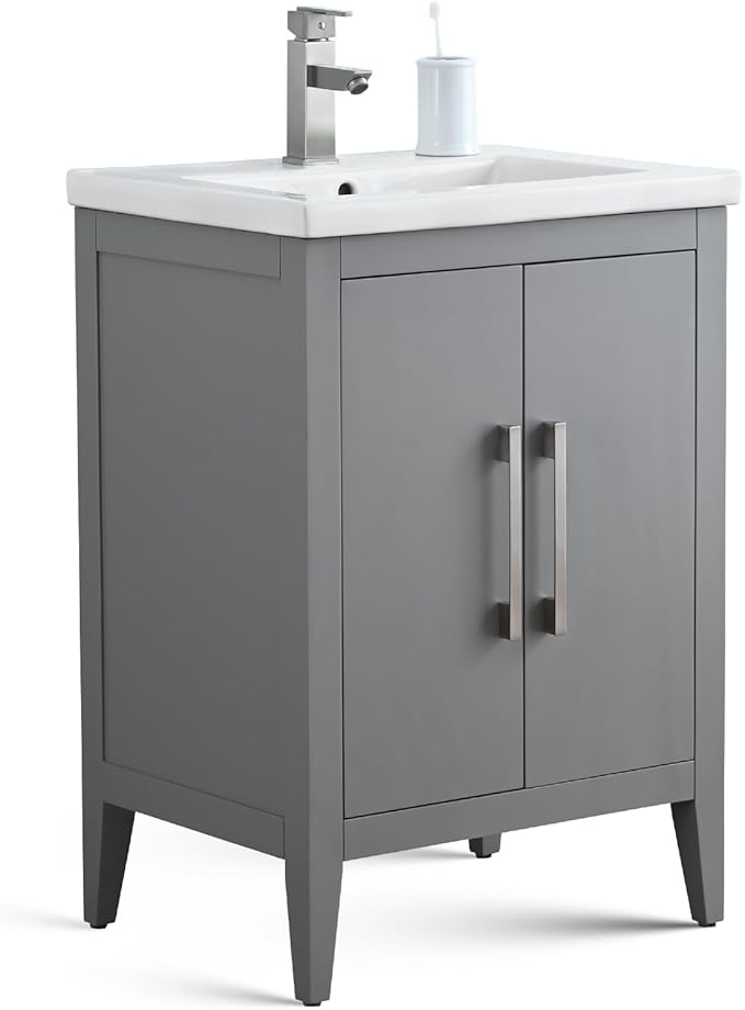 Vanity Art 24 inch Bathroom Vanity with Single Sink & Ceramic Top, Vanity Cabinet with Soft-Closing Doors, Solid Wood Frame, Cashmere Gray,VA9024-G-BN1