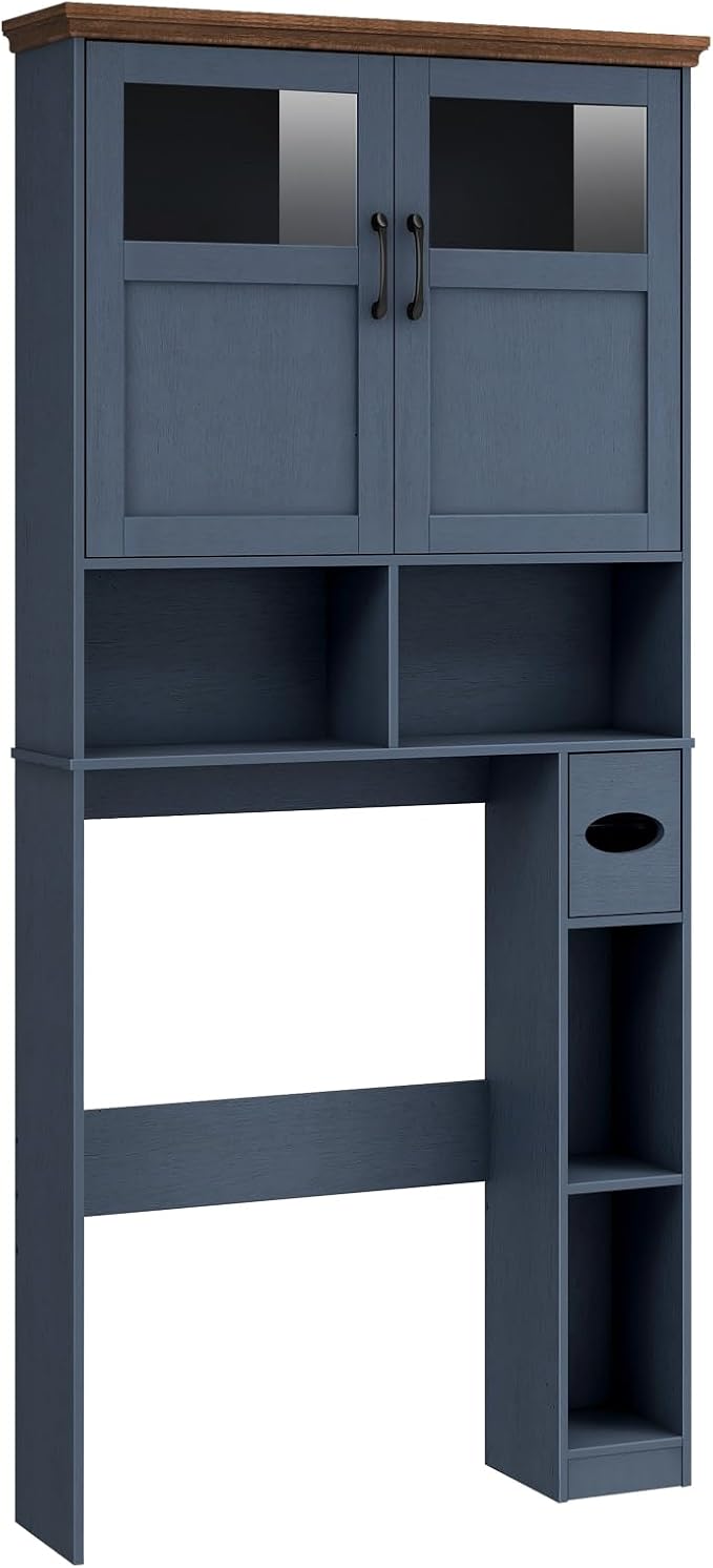Vabches Over The Toilet Storage Cabinet with Doors & Paper Holder, Blue | Vabches Freestanding Toilet Shelf Space Saver with Anti-Tip Design & Adjustable Shelf or Restroom, Bathroom, Laundry