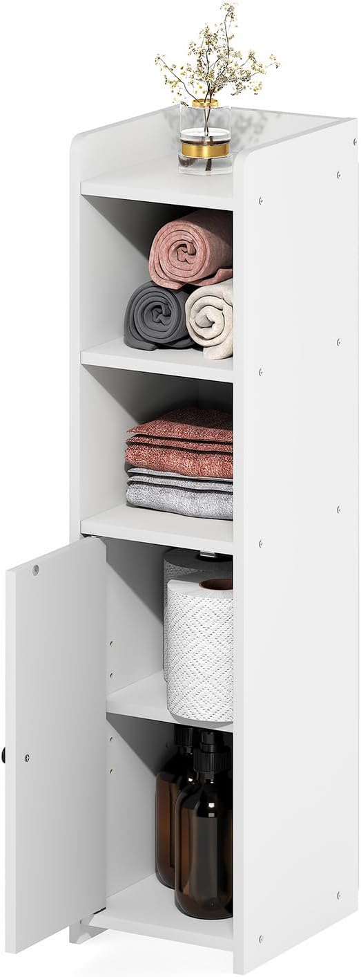 Furinno Fulda Bathroom Storage Cabinet, 5-Tier Bathroom Cabinet, Narrow Cabinet with Door and Adjustable Shelves, 32H, for Small Spaces, Bathroom, Living Room, Entryway, White