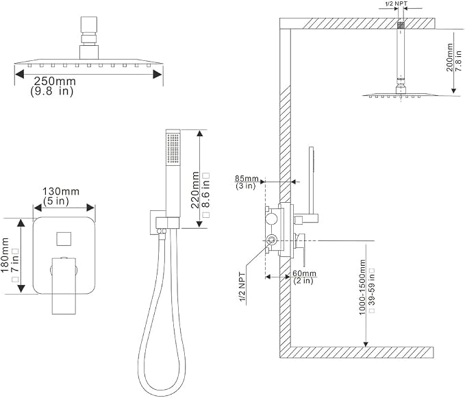 10 Inch Ceiling Mounted Shower System Rain Mixer Shower Combo Set Rainfall Shower Head System Brushed Gold Shower Faucet Rough-in Valve Body and Trim Kit Included