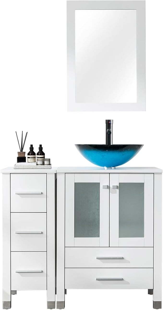 LUCKWIND 36" Bathroom Vanity with Sink Combo, 24-inch Main Cabinet with 12.6-inch Side Cabinet, Painted Bathroom Storage Cabinet with 5 Drawers, Including Turquoise Square Sink Without Mirror, White