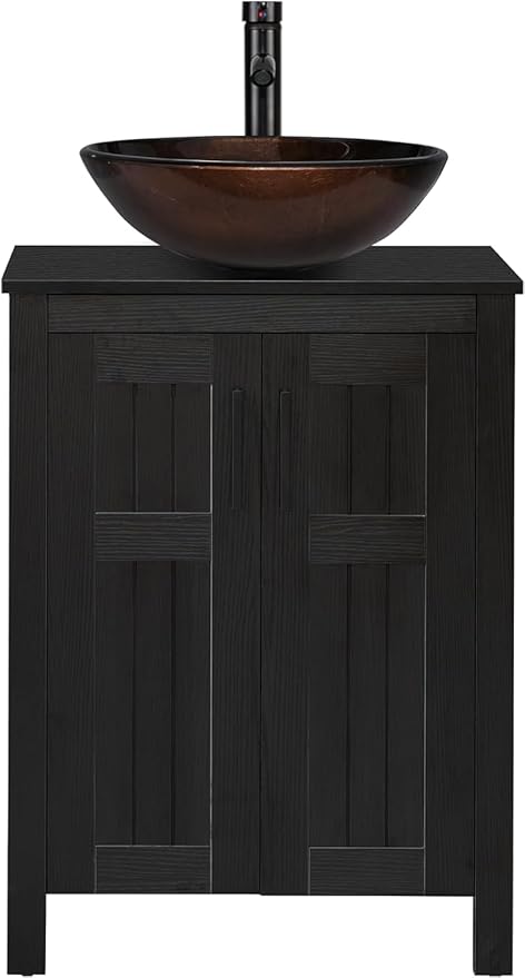 UEV 24"" Black Bathroom Vanity with Sink Combo,Modern Vanity with Vessel Sink,Stylish Bathroom Vanity Cabinet,Grooved Doors & Metal Handles,Modern Bronze Round Bowl Tempered Glass Vessel Sink, BK050