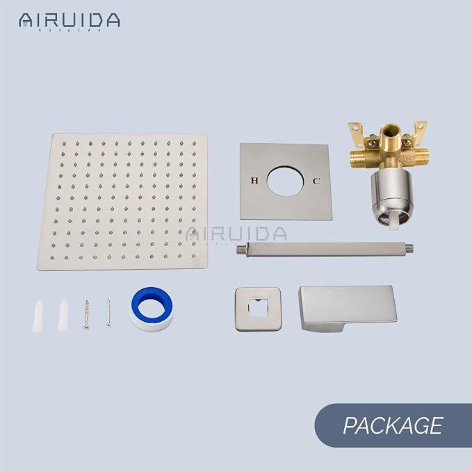 Airuida 10 Inch Brushed Nickel Shower Faucet Set,Rainfall Shower System | Ceiling Shower Head,Male Thread Rough-in Valve,Ceiling Mount,Single Handle