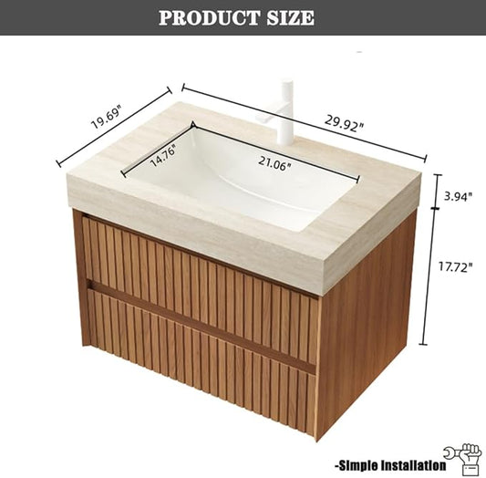 30" Bathroom Vanity with Sink, Modern Bathroom Floating Vanity with Travertine-Pattern Sintered Stone Top & Ceramic Undermount Basin, Pre-Assembled W/2 Drawers, Espresso