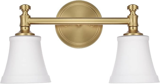 Gold Bathroom Vanity Light Fixtures, Traditional Aged Brass 2 Lights Wall Sconce Lighting with Opal Glass Shade, Porch Wall Mount Light Fixture for Bathroom, Mirror Cabinets Hallway Stairs
